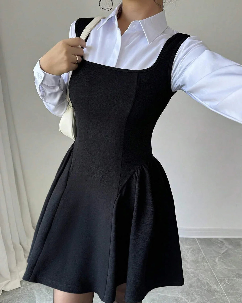 Square Neck A-Line Ruched Hem Mini Dress Set in Black with White Collared Shirt