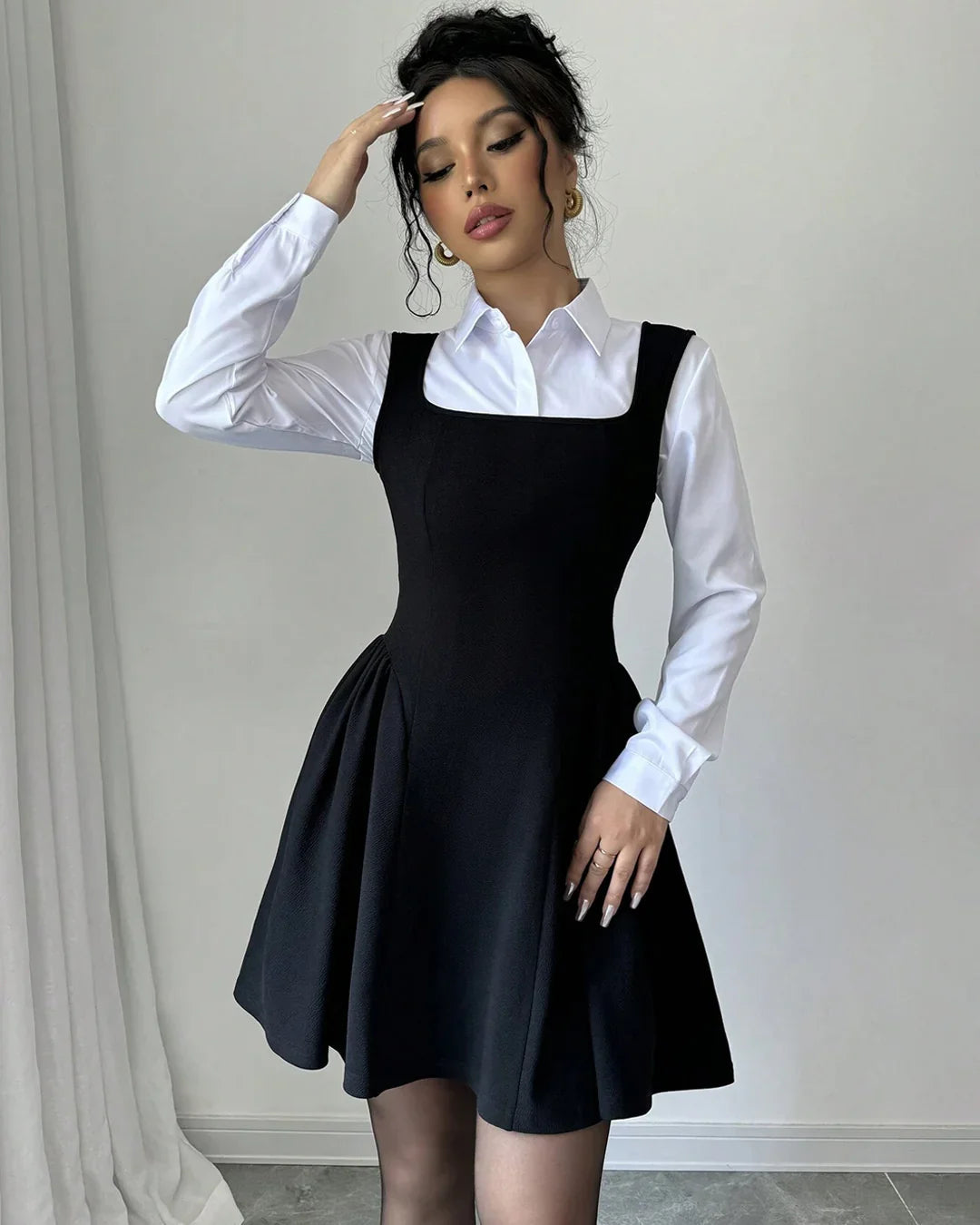 Square Neck A-Line Ruched Hem Mini Dress Set in Black with White Collared Shirt