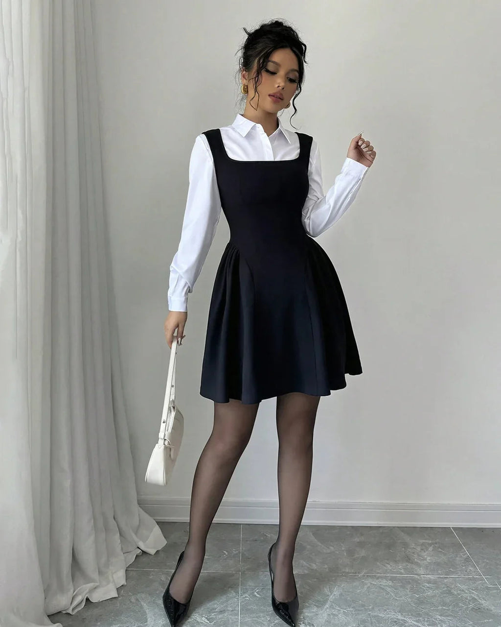 Square Neck A-Line Ruched Hem Mini Dress Set in Black with White Collared Shirt