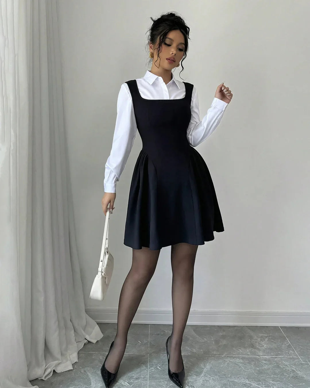 Square Neck A-Line Ruched Hem Mini Dress Set in Black with White Collared Shirt