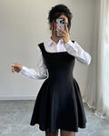 Square Neck A-Line Ruched Hem Mini Dress Set in Black with White Collared Shirt