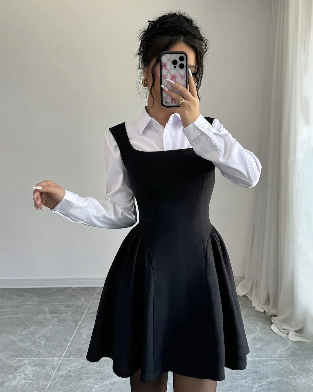 Square Neck A-Line Ruched Hem Mini Dress Set in Black with White Collared Shirt