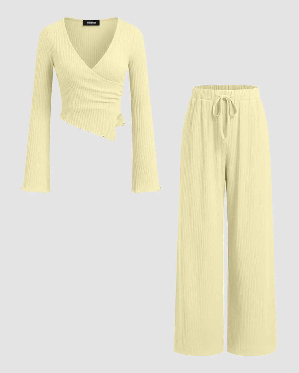 V-neck Bell Sleeve Ruched Asymmetrical Top & Straight Leg Trousers Set in French Vanilla