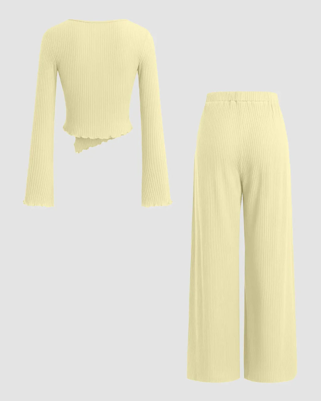 V-neck Bell Sleeve Ruched Asymmetrical Top & Straight Leg Trousers Set in French Vanilla