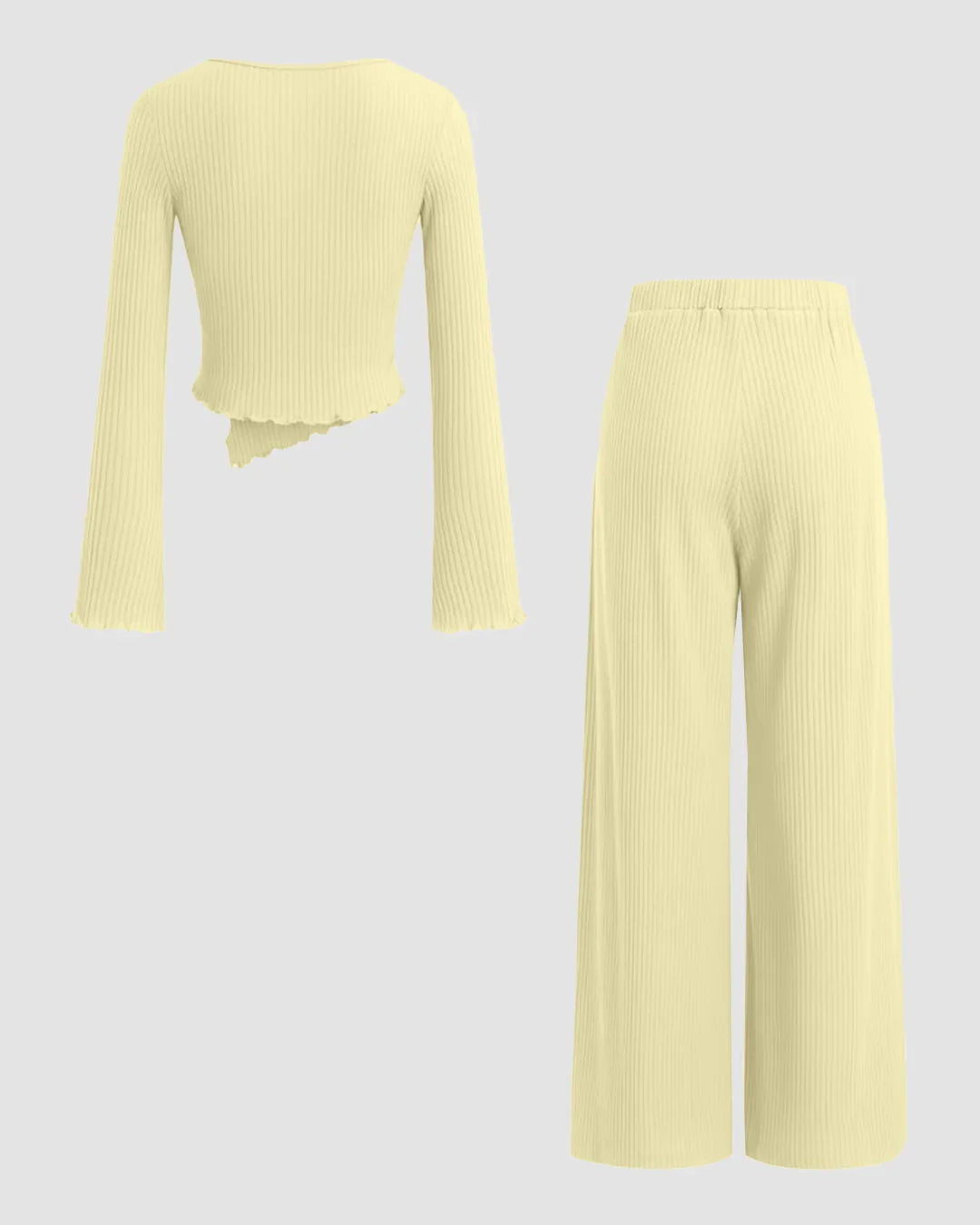 V-neck Bell Sleeve Ruched Asymmetrical Top & Straight Leg Trousers Set in French Vanilla