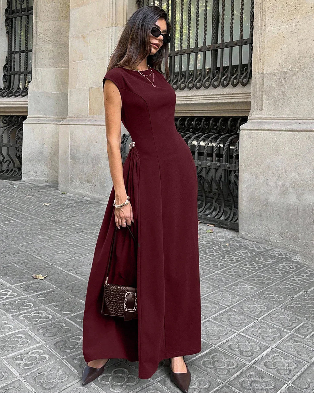Solid Maroon Crew Neck Fit & Flare Maxi Dress