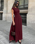 Solid Maroon Crew Neck Fit & Flare Maxi Dress