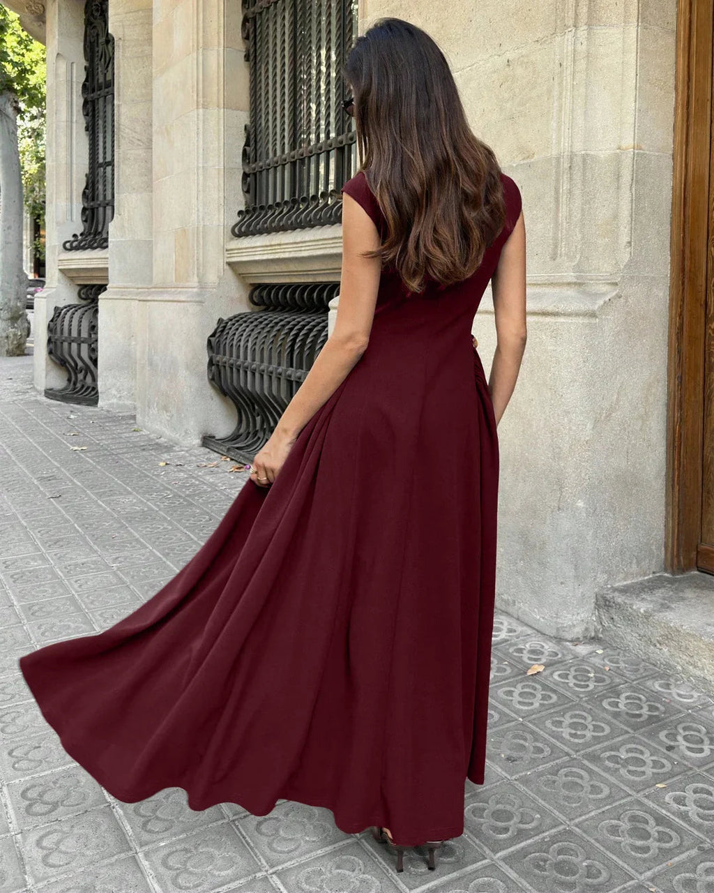 Solid Maroon Crew Neck Fit & Flare Maxi Dress