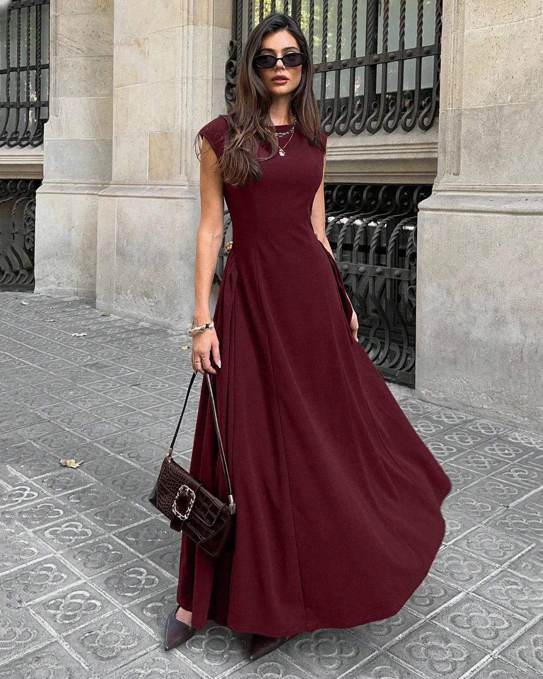 Solid Maroon Crew Neck Fit & Flare Maxi Dress
