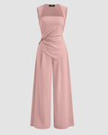 Square Neck Asymmetrical Hem Ruched Jumpsuit in Rose