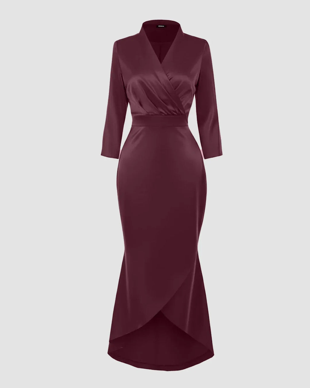 Satin V-Neck Waist-Tapered Mermaid Dress with High-Low Hem in Maroon
