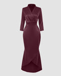 Satin V-Neck Waist-Tapered Mermaid Dress with High-Low Hem in Maroon