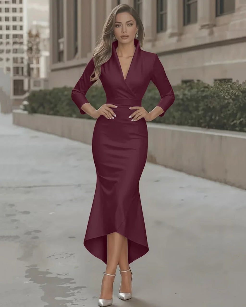Satin V-Neck Waist-Tapered Mermaid Dress with High-Low Hem in Maroon