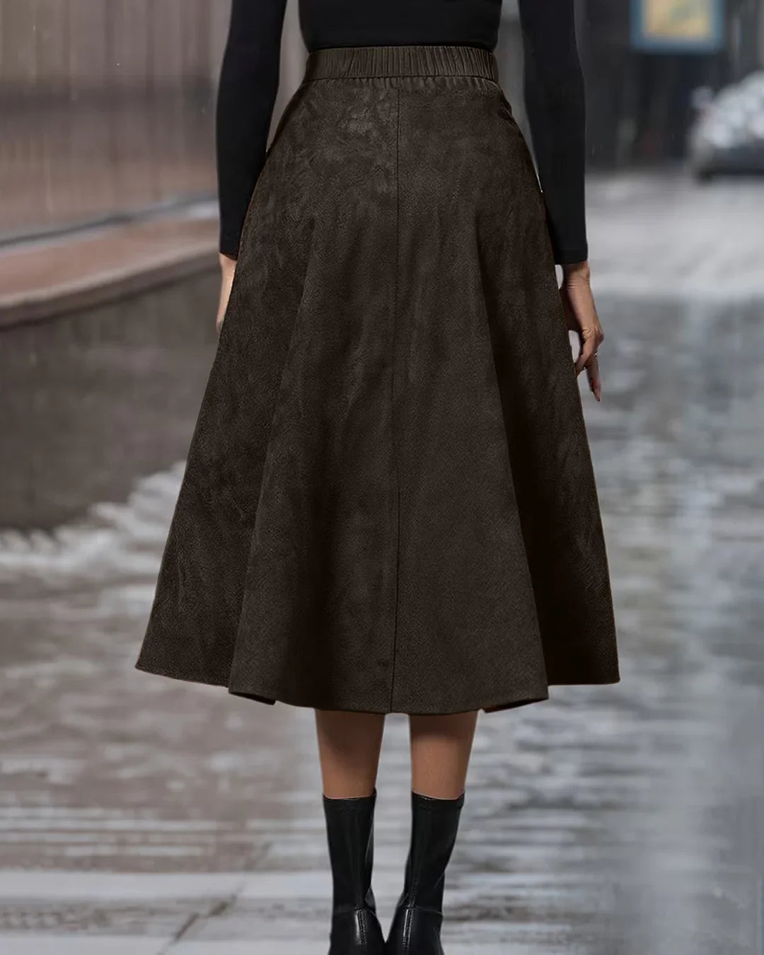 Solid Color Asymmetric Hem Ruffle Slim Fit Skirt in Dark Brown
