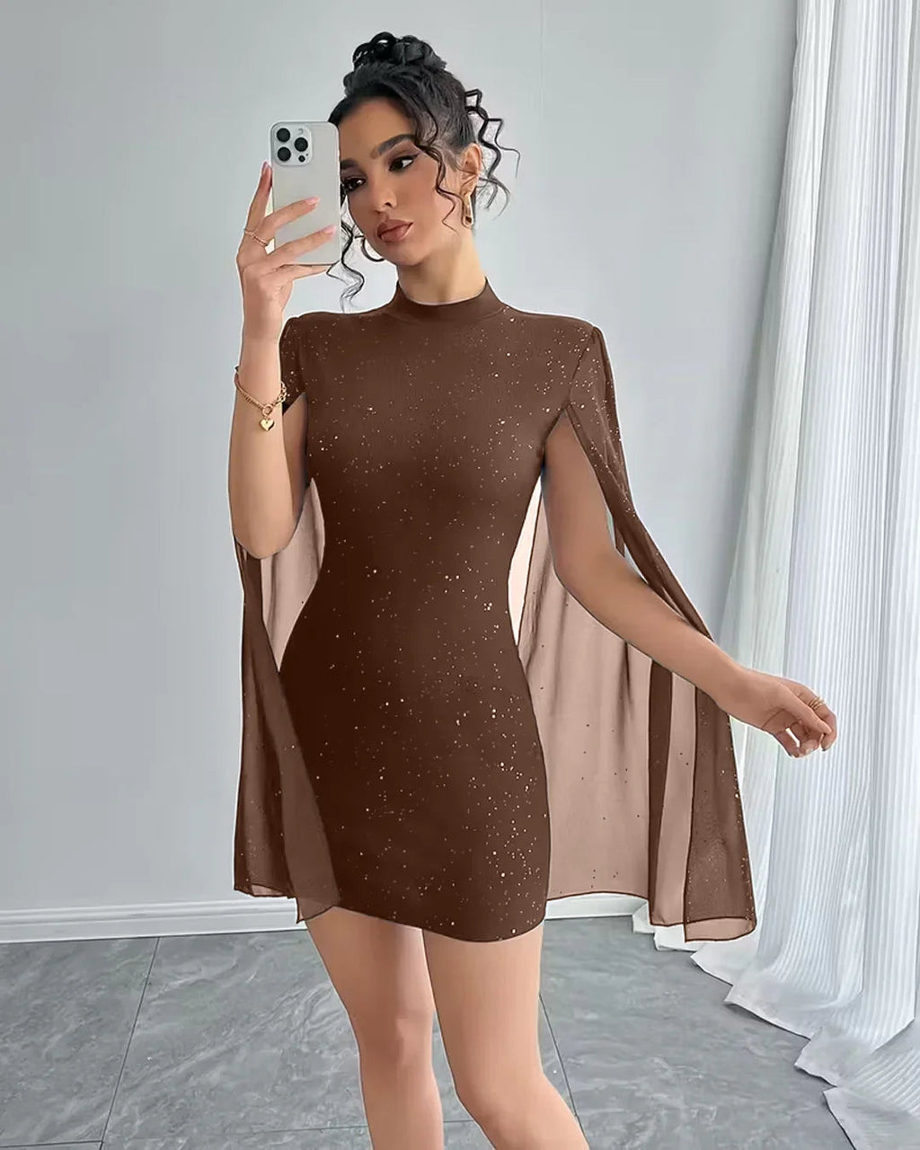 Bodycon Mini Dress Crew Neck Lantern Sleeves in Brown