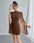 Bodycon Mini Dress Crew Neck Lantern Sleeves in Brown
