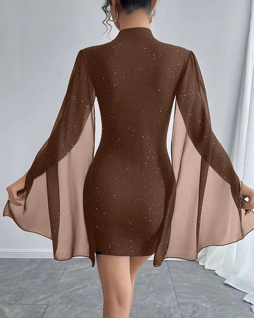 Bodycon Mini Dress Crew Neck Lantern Sleeves in Brown