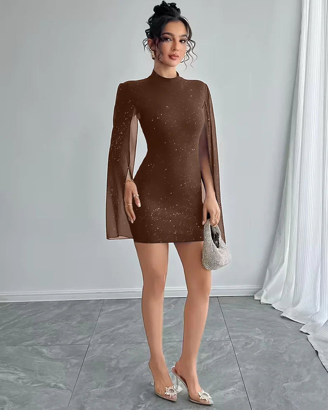 Bodycon Mini Dress Crew Neck Lantern Sleeves in Brown