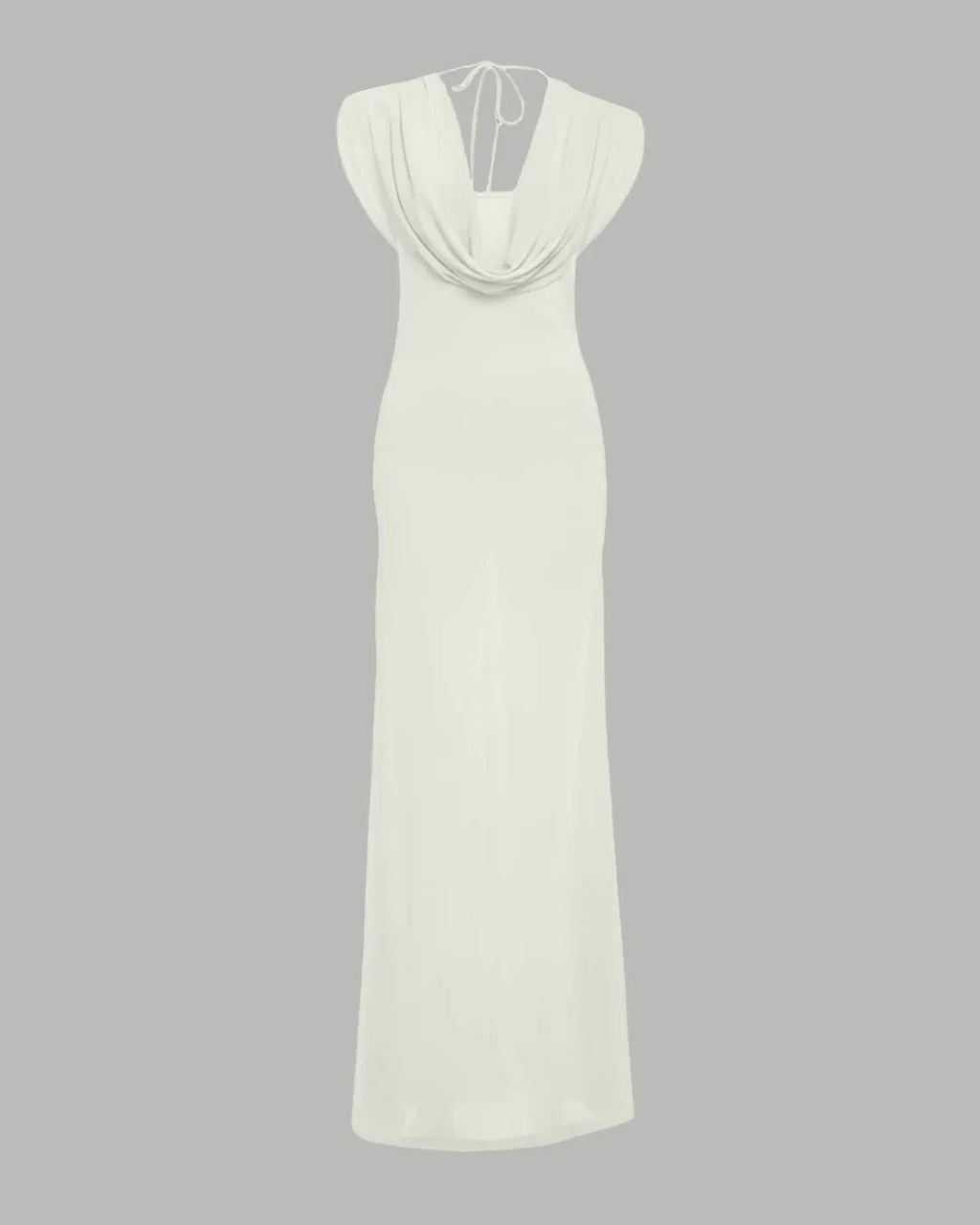 Milky White Draped Cowl Neck Ruched Waist Maxi Dress