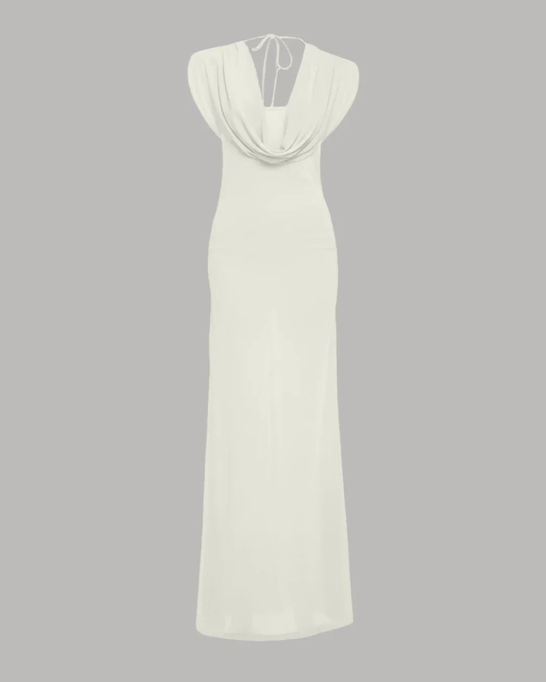 Milky White Draped Cowl Neck Ruched Waist Maxi Dress