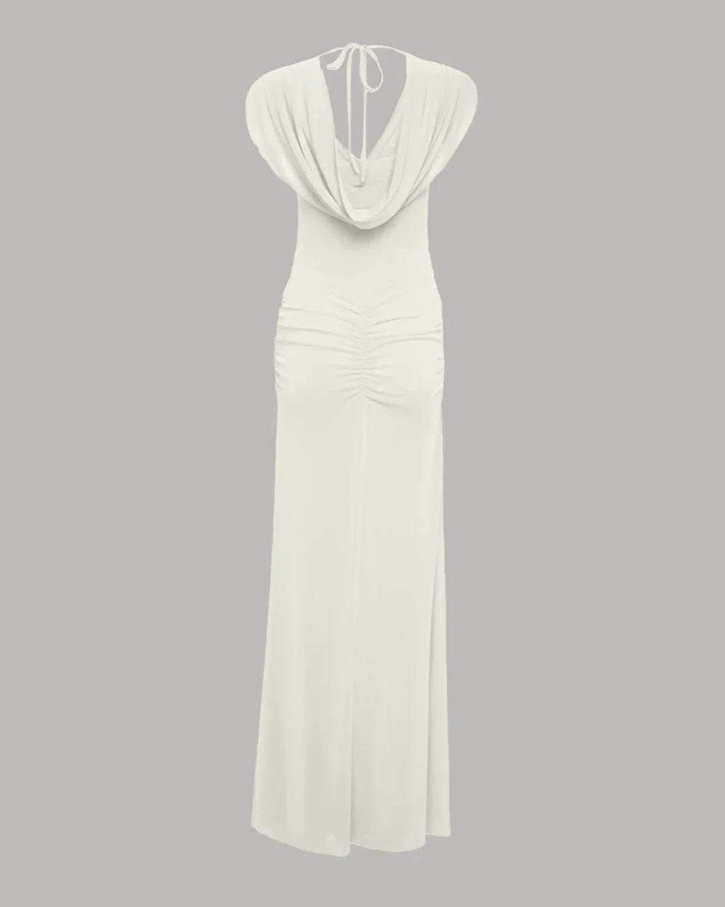 Milky White Draped Cowl Neck Ruched Waist Maxi Dress