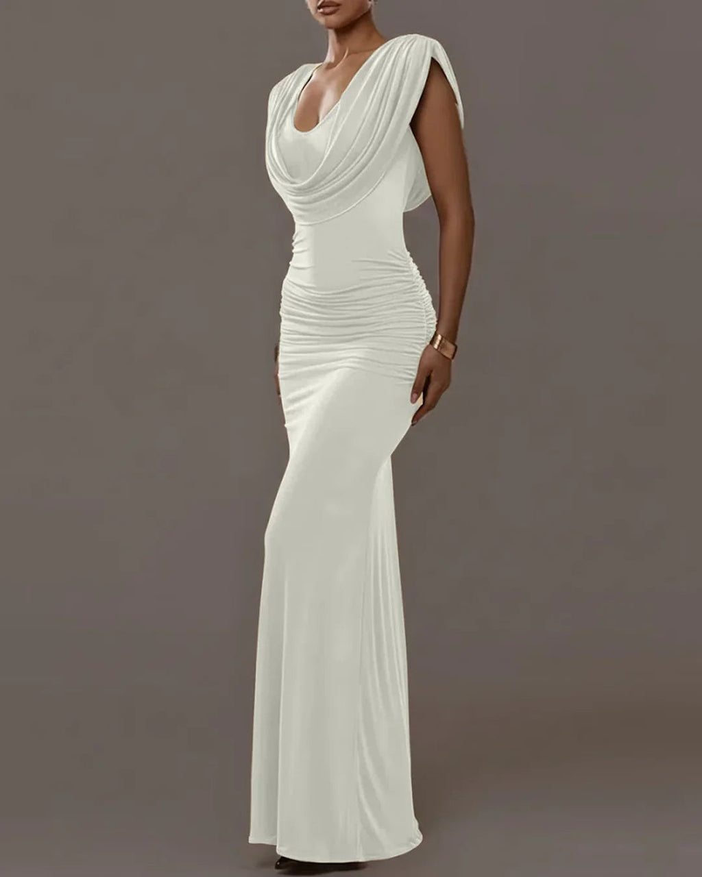 Milky White Draped Cowl Neck Ruched Waist Maxi Dress
