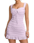 Lace Ruffle Tank Bodycon Mini Dress with Knot Front in Lilac