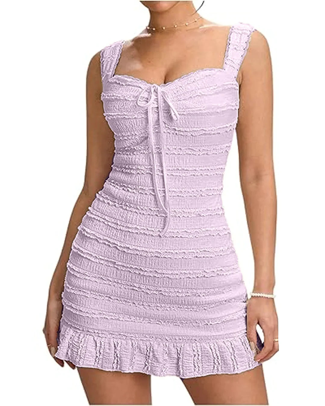 Lace Ruffle Tank Bodycon Mini Dress with Knot Front in Lilac