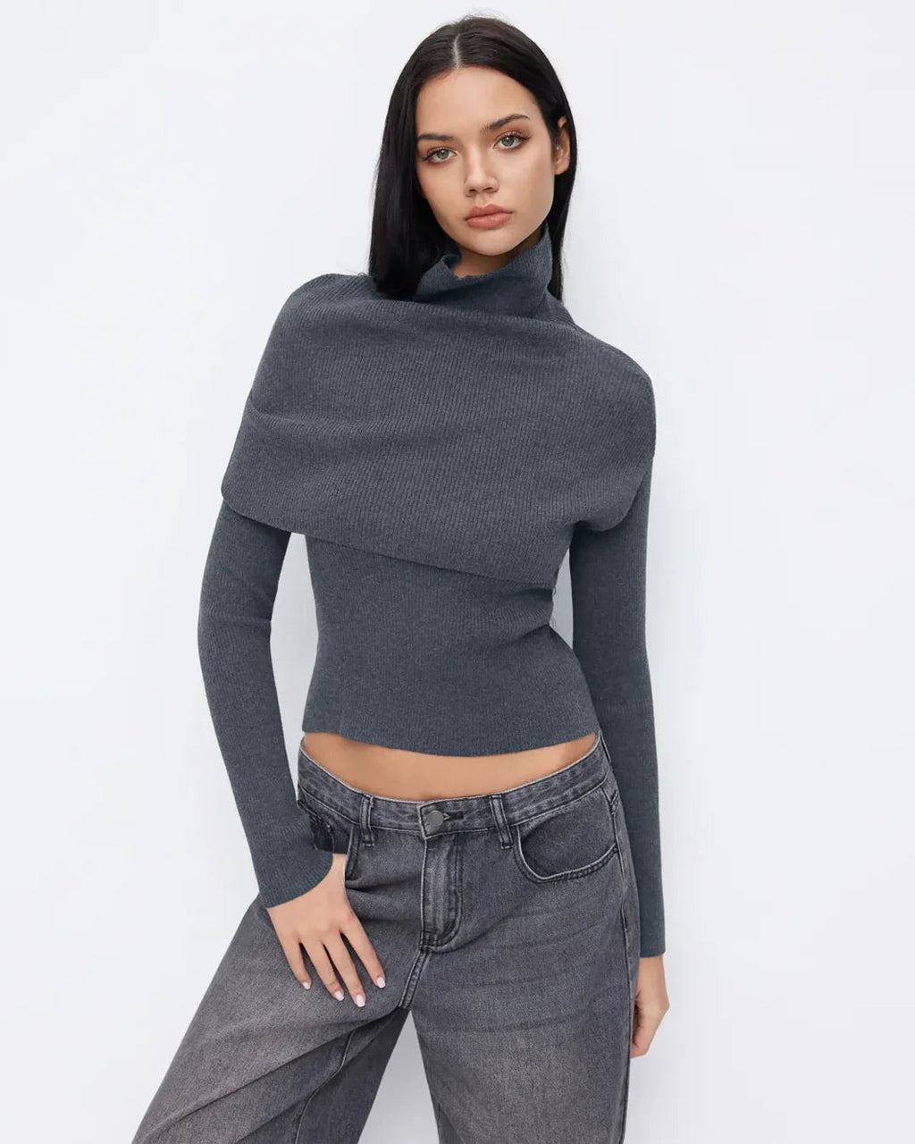 Round Neckline Long Sleeve Top With High Neck Wrap in Dark Grey