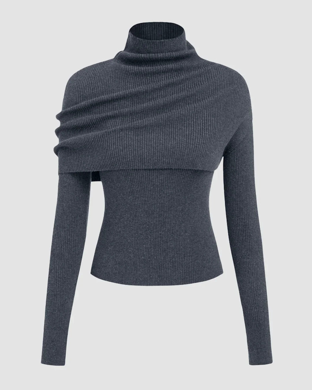 Round Neckline Long Sleeve Top With High Neck Wrap in Dark Grey