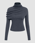 Round Neckline Long Sleeve Top With High Neck Wrap in Dark Grey