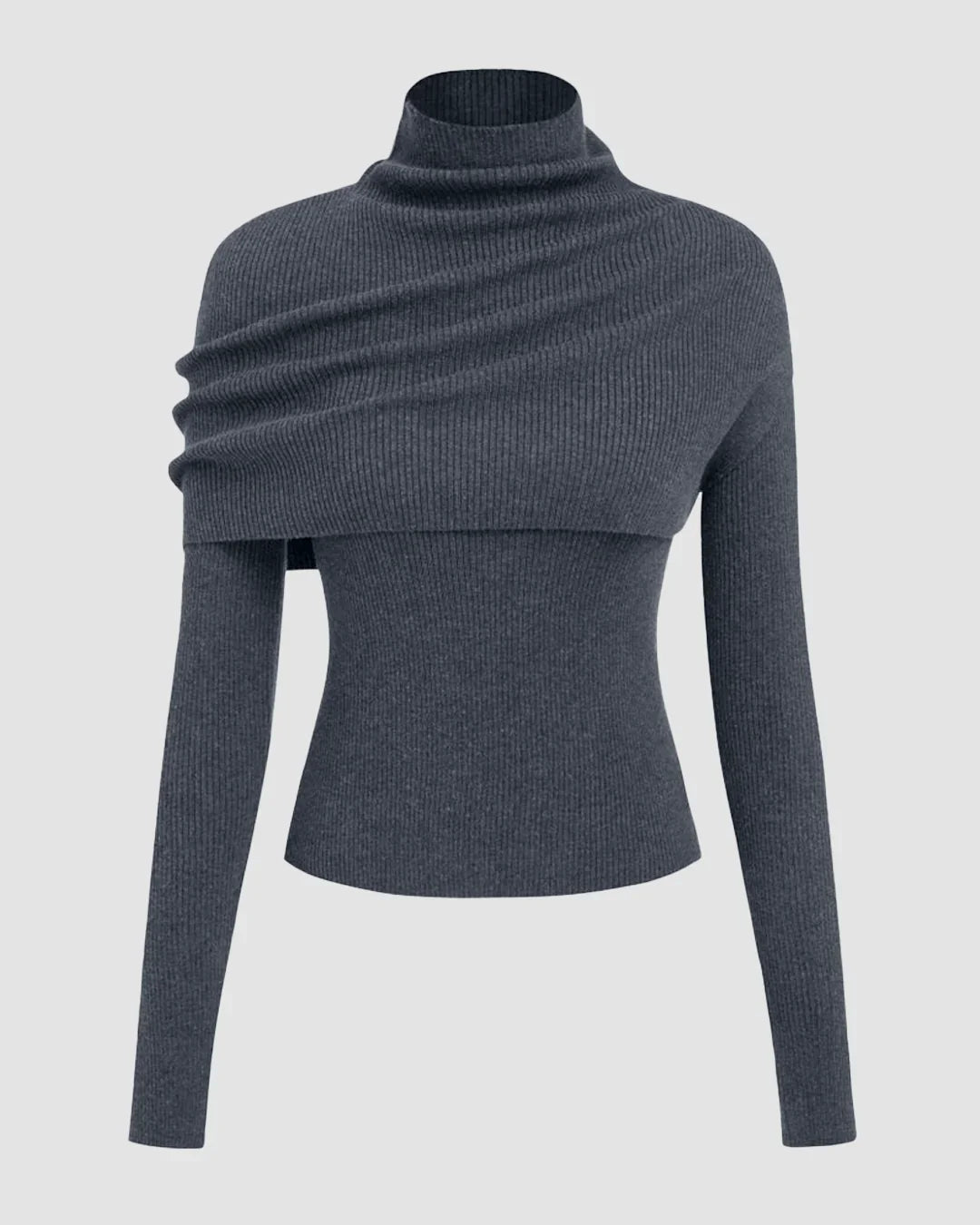 Round Neckline Long Sleeve Top With High Neck Wrap in Dark Grey
