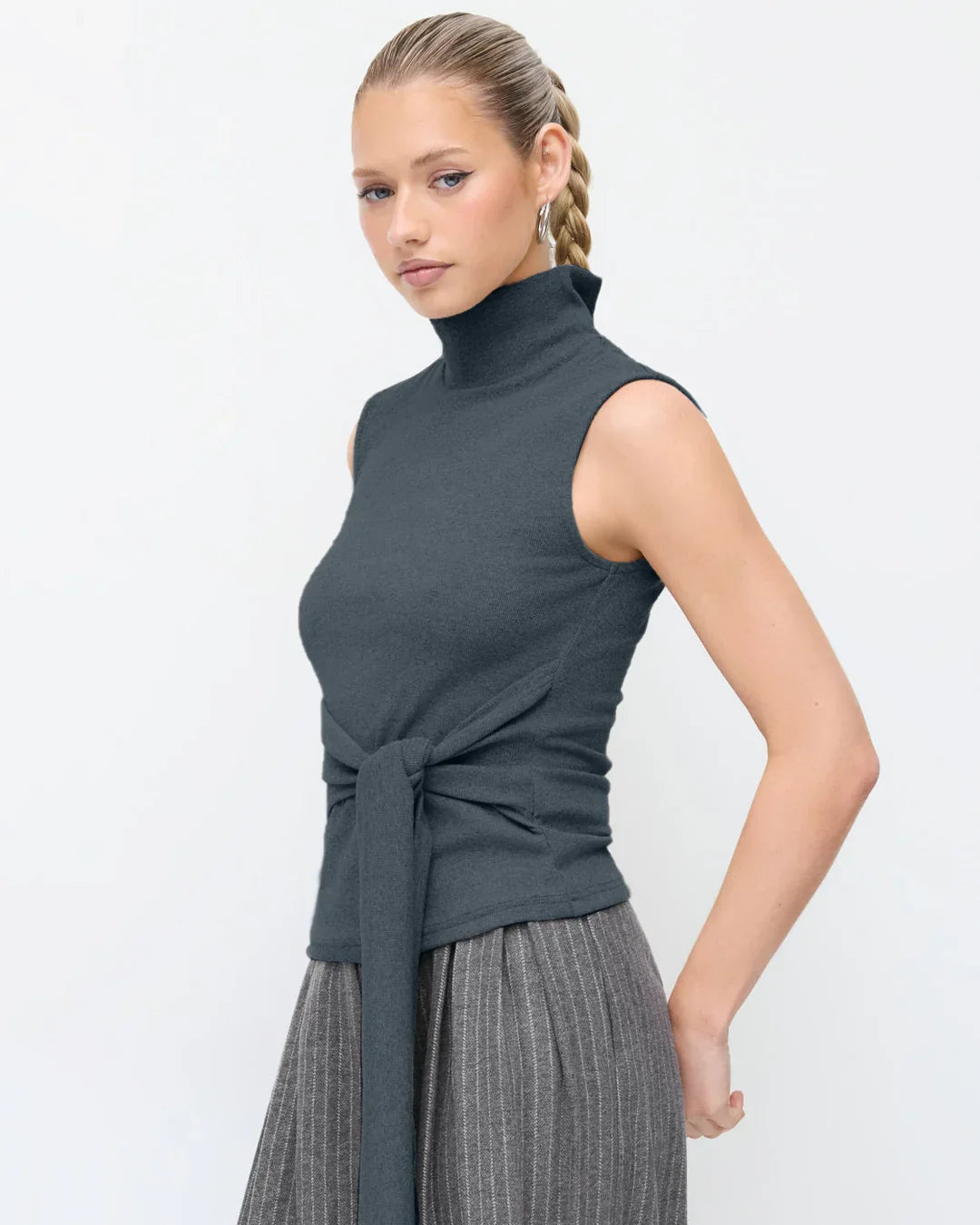 High Neck Sleeveless Knotted Top in Grey