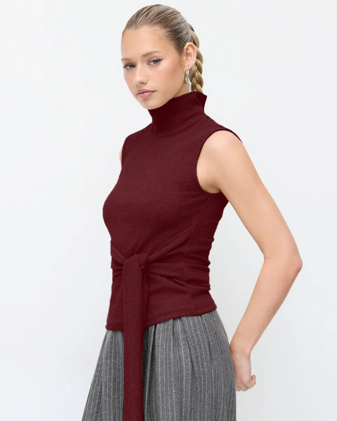 High Neck Sleeveless Knotted Top in Burgundy