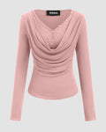 V-neck Solid Ruched Draped Cinched Waist Long Sleeve Top in Rose