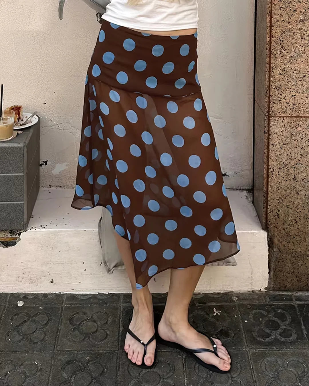 Vintage Polka Dot Print Asymmetrical Flared Hem Skirt