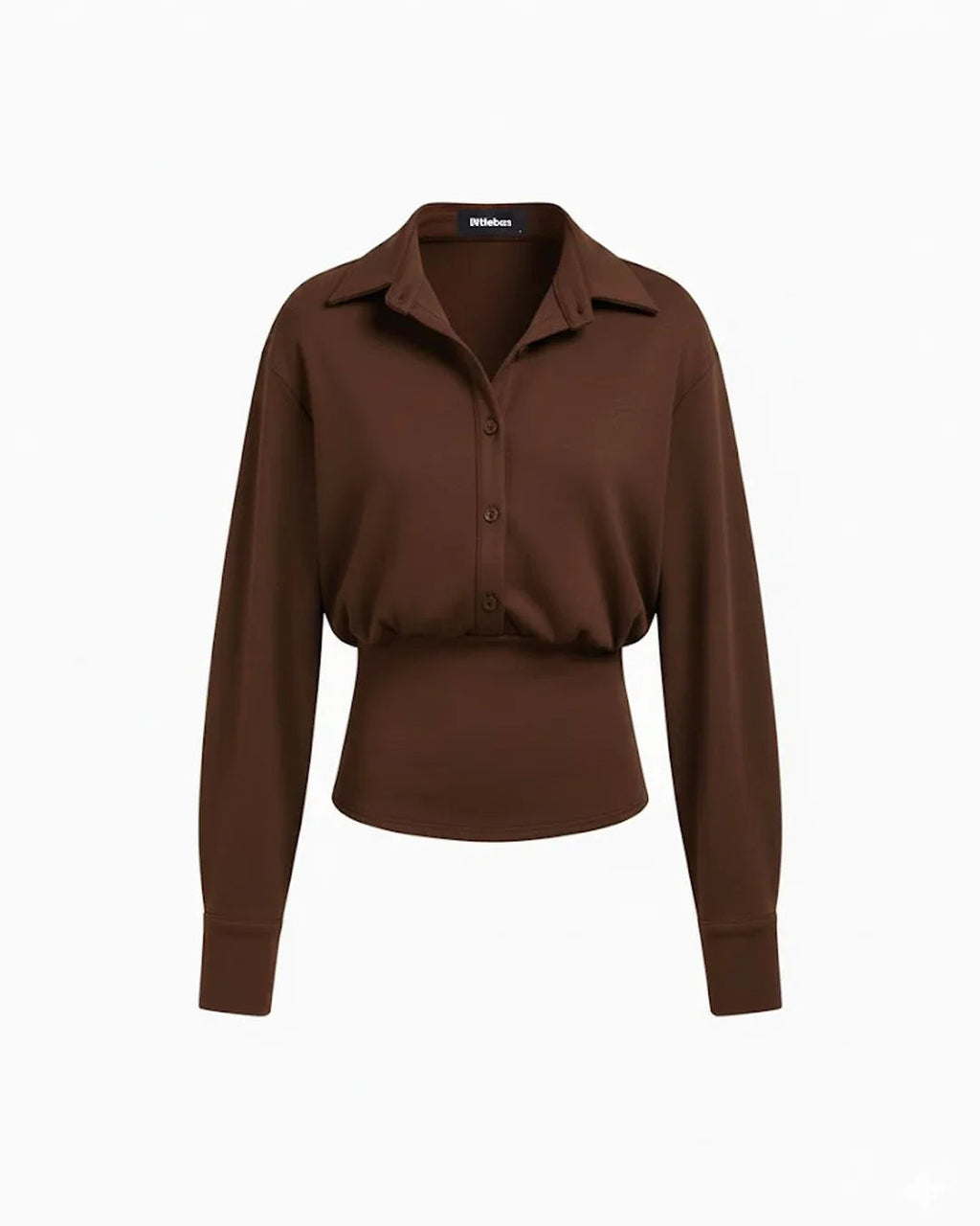 Collar Button Cinched Waist Long Sleeve Top in Chocolate Fondae