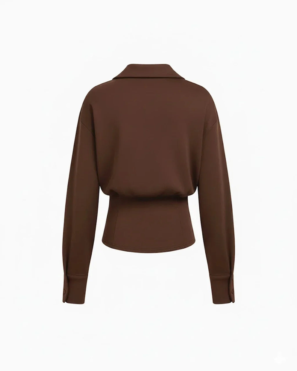 Collar Button Cinched Waist Long Sleeve Top in Chocolate Fondae