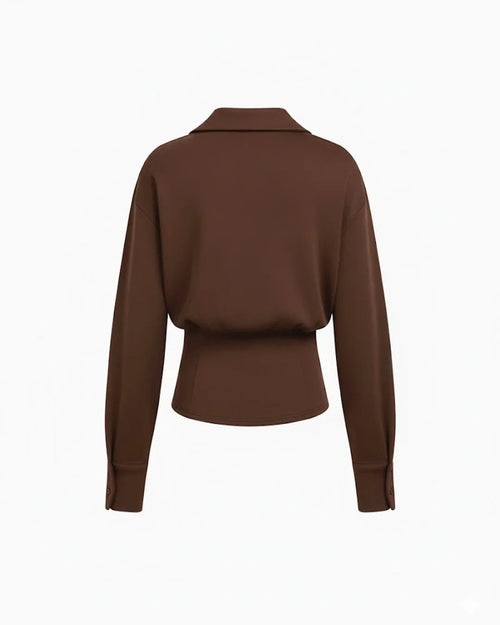 Collar Button Cinched Waist Long Sleeve Top in Chocolate Fondae