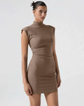 Mock Neck Bodycon Straight Hem Solid Cap Sleeve Mini Dress in Brown