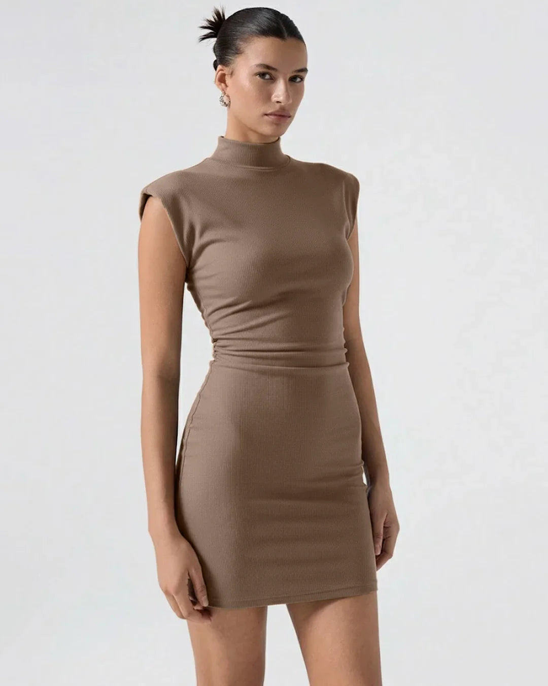Mock Neck Bodycon Straight Hem Solid Cap Sleeve Mini Dress in Brown