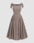 Boat Neck Slim Fit Flared Hem Gingham Tie-Strap Midi Dress