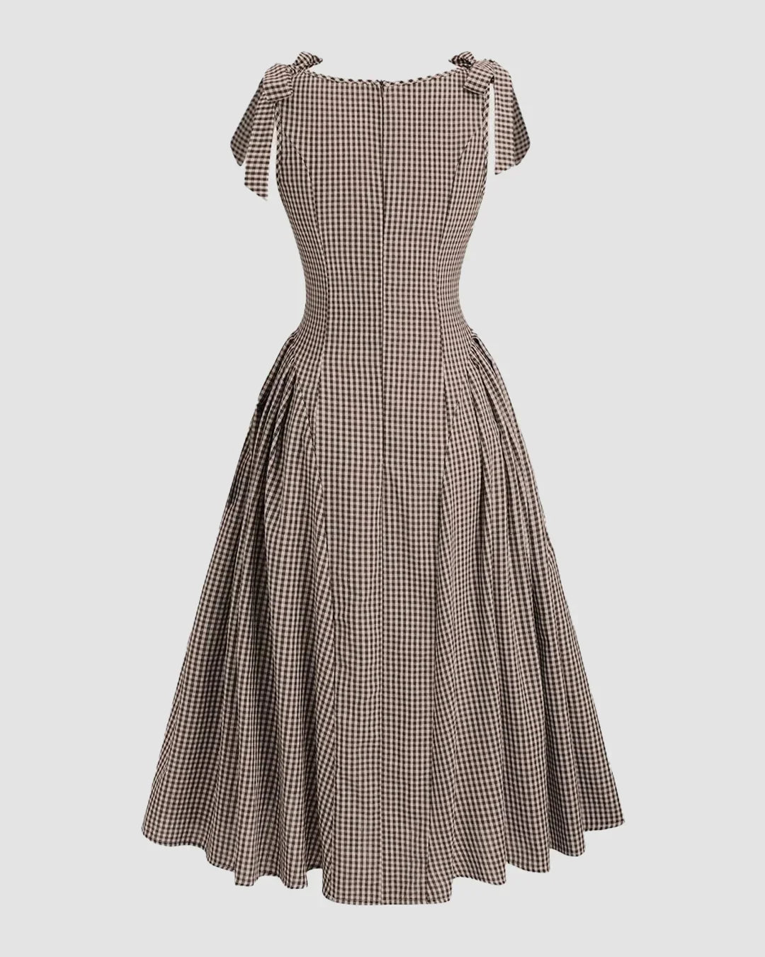 Boat Neck Slim Fit Flared Hem Gingham Tie-Strap Midi Dress