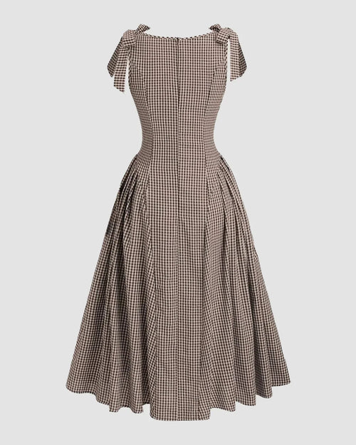 Boat Neck Slim Fit Flared Hem Gingham Tie-Strap Midi Dress
