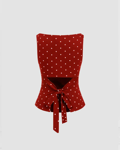 Boat Neck Slim Fit Peplum Hem Polka Dot Sleeveless Top