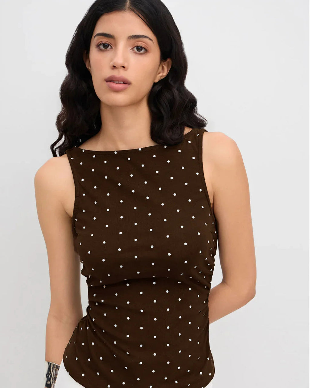 Slim Fit Straight Hem Polka Dot Sleeveless Short Top