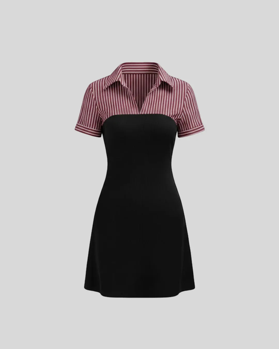 Collared Slim Fit Straight Hem Striped Short Sleeve Mini Dress