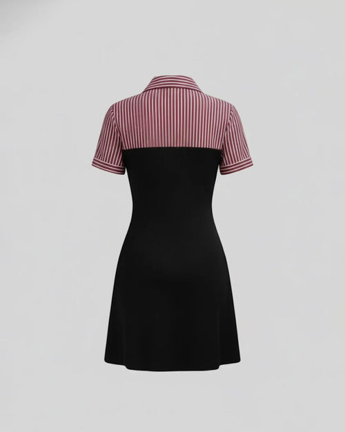 Collared Slim Fit Straight Hem Striped Short Sleeve Mini Dress