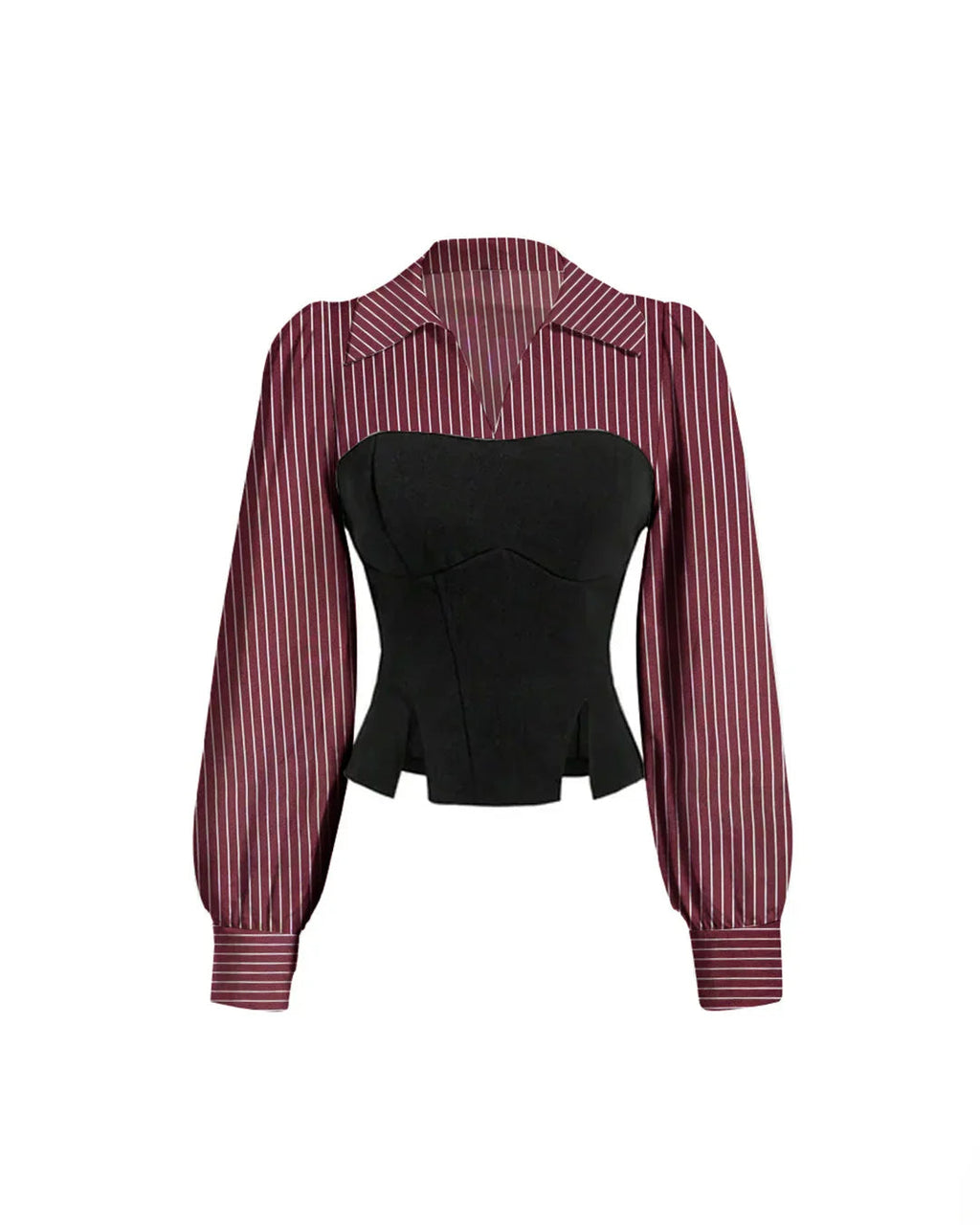 Sweetheart Neck Slim Fit Peplum Hem Striped Lantern Sleeve Regular Top