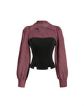 Sweetheart Neck Slim Fit Peplum Hem Striped Lantern Sleeve Regular Top